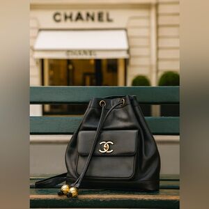 Chanel Black caviar Leather Backpack with Gold Details